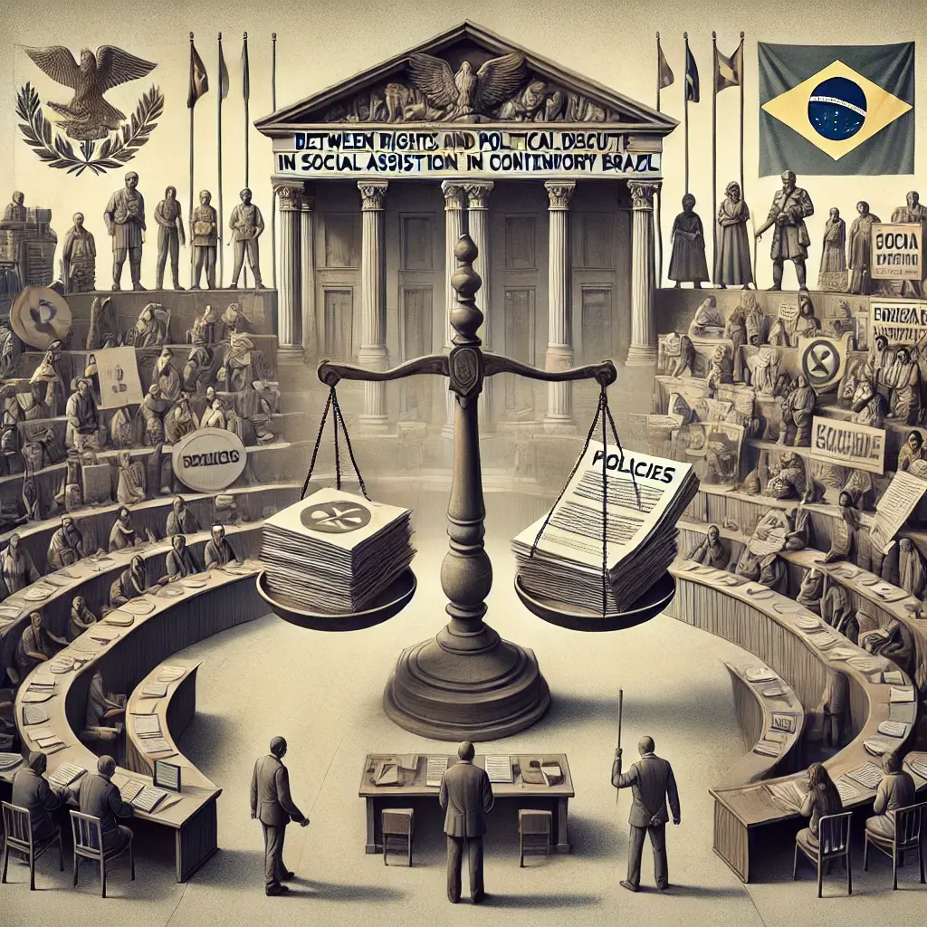 A imagem representando uma cena de tribunal com uma grande balança no centro, equilibrando documentos de políticas de um lado e símbolos de apoio comunitário e assistência social do outro. Em torno da balança, figuram representantes do governo, ativistas sociais, famílias e assistentes sociais, destacando a seriedade do debate sobre a assistência social no Brasil. A ambientação é sombria, com símbolos sutis do Brasil ao fundo.